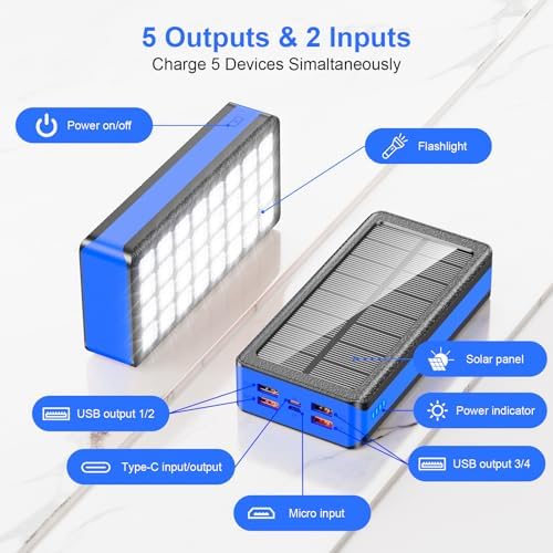 High-Capacity 66800 m Ah Solar Power Bank – Ultra-Fast QC3.0 Portable Charger with 5 USB Outputs, Dual Input Ports & Versatile 32 LED Flashlight Modes for Smartphones, Tablets & Outdoor Adventures – Ideal for Camping, Hiking & Emergency Preparedness