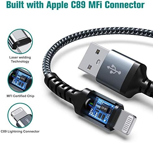 Apple C89 MFi Certified 7-Foot Lightning to USB-A Braided Charging Cable for i Phone 14/13/12/11 Pro, Max, Mini, SE, XS, XR, 8/7/6 Plus, i Pad & Air Pods – Durable, Fast Charging & Stylish Orange/White Design for Enhanced Compatibility