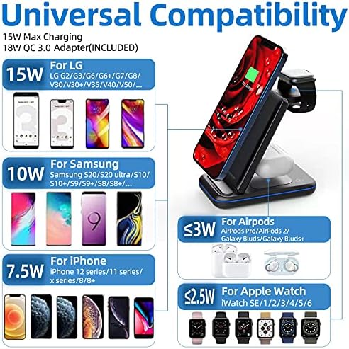 Versatile 3-in-1 Wireless Charging Station with Foldable Design – 15 W Fast Qi Charger Dock for Apple Watch, Air Pods & i Phone/Samsung Devices – Includes 18 W QC3.0 Adapter for Enhanced Speed and Compatibility