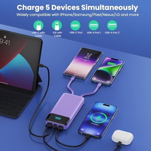 High-Capacity 40800 m Ah Portable Charger with Integrated Cables – Fast PD 25 W USB-C & QC4.0 Power Bank for i Phone 15/16 and Samsung – Smart LED Indicator, 5 Outputs for Multi-Device Charging – Ultimate Travel Companion for On-the-Go Power Solutions