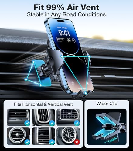 VICSEED Universal Car Phone Holder Mount – Super Stable Air Vent Cradle for Hands-Free Operation – Enhanced Compatibility with i Phone 16, 15 Pro Max & All Smartphones – Silicone Protection for Vent & Device – Optimized for Safety and Convenience