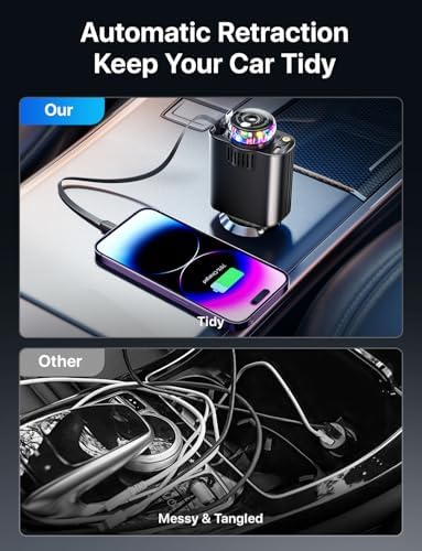 Transform Your Commute: 5-in-1 Retractable Car Charger with Aromatherapy Diffuser & Starlight Ambiance – Fast USB-C and Dual USB Ports for i Phone 12-16 & More – Elevate Your Driving Experience with Stress-Relieving Scents and Efficient Charging