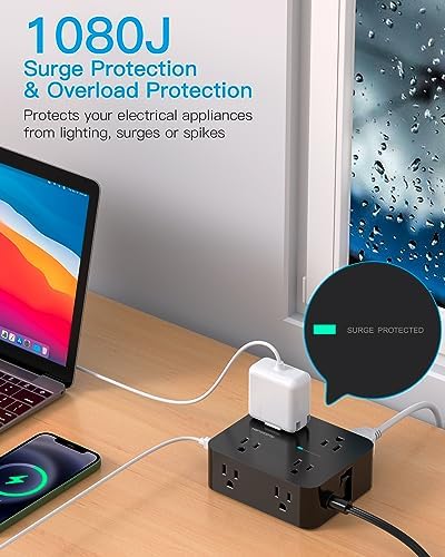 Maximize Your Power Efficiency with HANYCONY 5 Ft Ultra Thin Flat Plug Surge Protector Power Strip – 8 Outlet Extender & 4 Fast-Charging USB Ports (2 USB-C) for College Dorm Room Essentials – 1080 Joules Surge Protection & Wall Mount Design in Sleek Black Finish