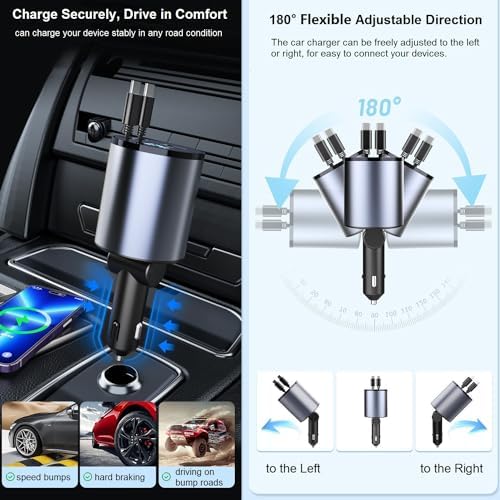 Ultimate 4-in-1 Retractable Car Charger – Fast 66 W USB C & Lightning Adapter for i Phone 15/14/13/12 Pro Max, Galaxy S24/S23, Pixel & Tablets – Compact, Durable Multi-Device Charging Solution for Road Trips and Daily Commutes