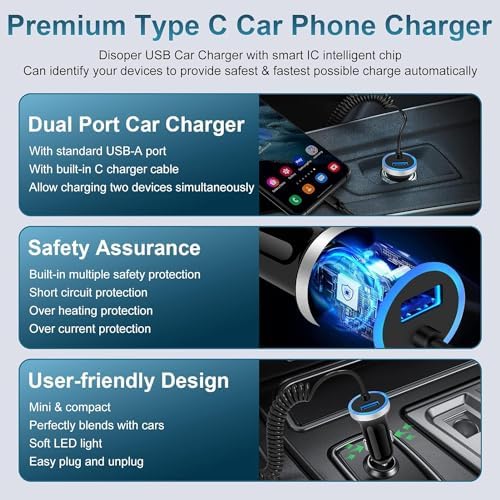 Ultra-Fast Google Pixel Car Charger with 3 FT Built-in USB-C Cable – Dual Port Adapter for Google Pixel 9 Series, Galaxy S25 Ultra & More | Convenient Charging Solution for On-the-Go Power Needs | Compact & Durable Design for Everyday Use