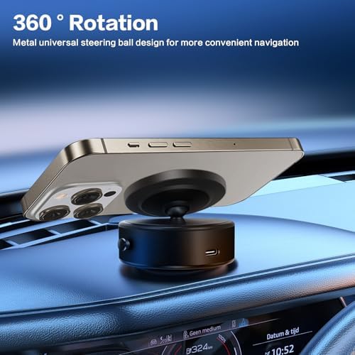 Revolutionize Your Driving Experience with the Electric Vacuum Magnetic Car Phone Mount – 360° Rotating Holder for Optimal Viewing, Universally Compatible with All Phones, Strong Suction for Smooth Surfaces, Effortless Installation & Enhanced Safety in Every Journey – Sleek Black Design for Any Car Interior