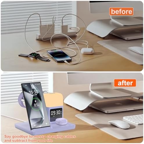 Ultimate 6-in-1 Wireless Charging Station for Samsung & Android: Fast Charger with Alarm Clock & Night Light for Galaxy S25 Ultra, S24, S23, and Samsung Watch7 – Space-Saving Design, Enhanced Compatibility, and Sleek Black Finish for Modern Living