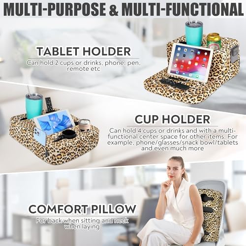 Leopard Print Couch Cup Holder Tray Pillow – Versatile Bed and Sofa Caddy for Drinks, Snacks, and Devices – Portable Memory Foam Organizer for RVs and Cars – Stylish and Easy-to-Clean Accessory for Ultimate Comfort and Convenience