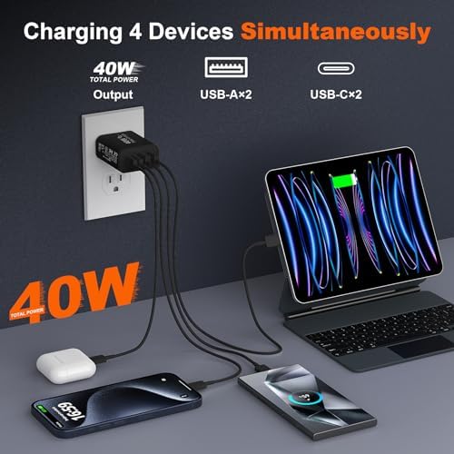 Ultimate 40 W Multiport USB-C Fast Charger – High-Efficiency 4-Port Power Adapter with Quick Charge 3.0 & Power Delivery for Super-Fast Device Charging – Sleek, Portable Design Perfect for Travel – Convenient 2-Pack for Enhanced Versatility and Easy Charging on the Go