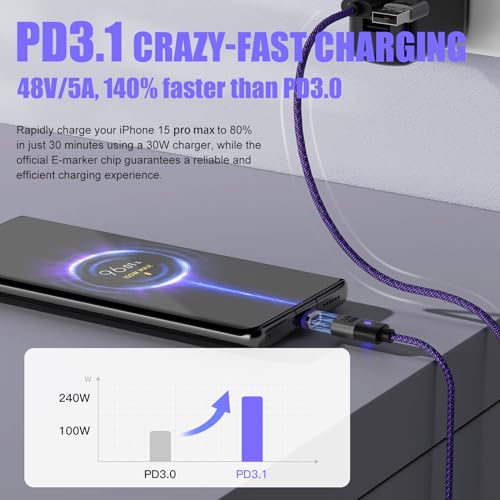 Ultimate 240 W USB-C to USB-C Fast Charger Cable – 3.9 ft Nylon Braided with Magnetic Connector, PD3.1 Support for Galaxy S24, i Phone 15, Mac Book, Quest 2 – High-Speed Charging & Data Transfer Solution for Effortless Connectivity