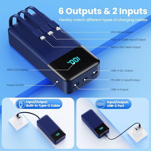 High-Capacity 50800 m Ah Portable Power Bank with 3 Built-In Cables, 25 W PD & QC4.0 Fast Charging – Universal Charging Solution for i Phone 16/15/14/13, Android Devices & More – Smart LCD Display, 6 Outputs & 2 Inputs, Enhanced Safety Features for On-the-Go Power Needs