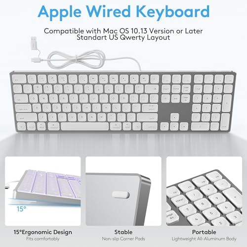 Sleek White Aluminum Backlit Keyboard for Apple Mac – USB-A & USB-C Wired with Numeric Keypad, Effortless Plug-N-Play Setup for i Mac, Mac mini & Mac Book Users – Enhance Productivity & Style with Premium Build and Low-Light Typing Comfort