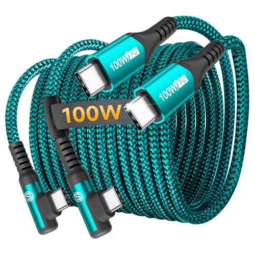 Ultimate 10 FT Right Angle USB-C to USB-C Cable (2-Pack) – 100 W Power Delivery for Fast Charging i Phone 16, Mac Book & Galaxy – Durable Tangle-Free Nylon Braided Design for Tight Spaces – Enhanced Flexibility for All Your Devices