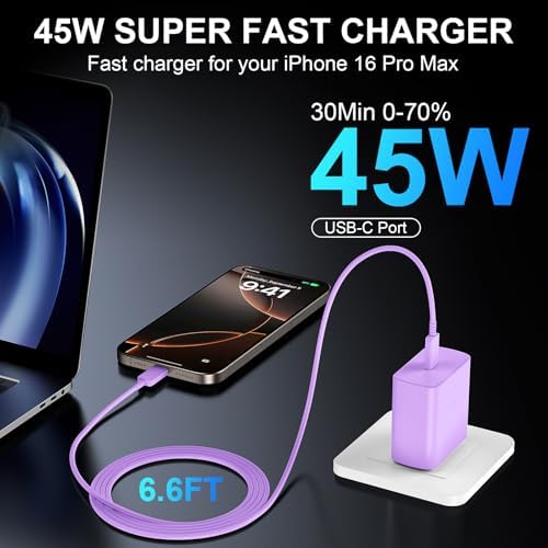 Accelerate Your Power Needs with Our 45 W Ultra-Fast USB-C Charger for Phone 16 Series – Includes a 10 ft Type C Cable in Eye-Catching Purple – Perfectly Crafted for Swift Power Delivery to Phone 16 Pro, Max, Plus & Earlier Models – Unleash Maximum Charging Efficiency and Aesthetic Appeal for Tech Enthusiasts on the Move