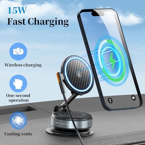 PlusAcc Vacuum Magnetic Phone Holder for Car – Suction Cup Phone Mount 360° Rotatable Foldable Portable Strong Magnet Stand for iPhone 16/15/14/13 in Gym, Mirror, Smooth Surface, All Vehicles – Enhanced Compatibility and Speed