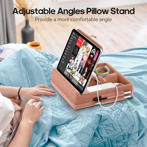 KDD Multifunctional Tablet Pillow Stand – Adjustable Foldable i Pad Holder for Bed, Lap, and Desk with Soft Pad Dock and Stylus Storage – Compatible with i Pad Pro (12.9, 10.5, 11), Air, Mini, Phones, and Books – Ultimate Comfort and Versatility for Hands-Free Use