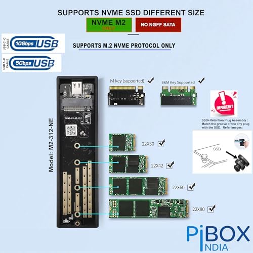 High-Speed Pibox India NVMe M2 Enclosure with Fan – USB 3.2 10 Gbps Tool-Free SSD Adapter for 2230/2242/2260/2280 M & B&M Keys – PCI-E NVMe Reader with Enhanced RTL9210 Performance and Heat Dissipation Solutions