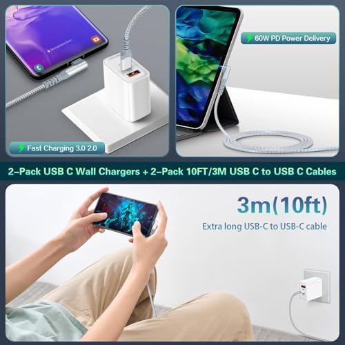 Dual Port Fast Charging Wall Adapter with 10 FT Right-Angle USB C Cable – 20 W USB-C Power Block for i Phone 16/15, Samsung Galaxy S25 Ultra, S24, S23, S10 – Efficient Charging Convenience for Home, Office, and Travel