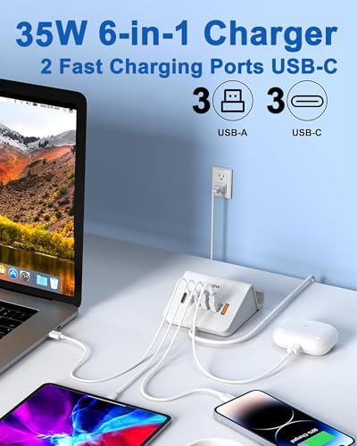 VHBW 35 W 6-Port USB C Charging Hub – Innovative Multi-Device Fast Charging Station with 3 USB-C & 3 USB-A Ports – Optimal Compatibility for i Phone 14/13/12 & Samsung Galaxy S23/S22/S21 – Smart Power Distribution for Rapid Charging Efficiency