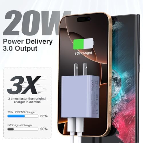 LCGENS 20 W Dual Port USB C Wall Charger Block – 2-Pack Fast Charging Power Adapter for i Phone 11/12/13/14/15/16 Pro Max, i Pad Pro, Samsung Galaxy – Portable and Efficient Charging Solution for Multiple Devices