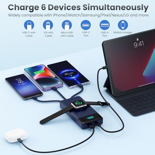 High-Capacity 10800 m Ah Portable Charger with Integrated Cables & Apple Watch Wireless Charging – QC4.0 & PD Fast Charging Power Bank for Multiple Devices – 6 Outputs for i Phone 16/15/14/13/12, Samsung Galaxy, Google Pixel, and More (Deep Blue) – Ultimate Travel Companion with Enhanced Safety Features