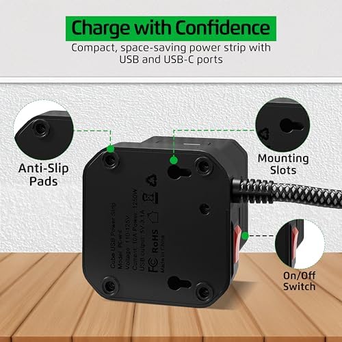 Uncaged Ergonomics Cube Power Strip with 10 ft Extension Cord – Surge Protected Charging Station Featuring 5 AC Outlets, 3 USB Charging Ports (1 USB-C Fast Charger) and On/Off Switch for Ultimate Convenience and Safety