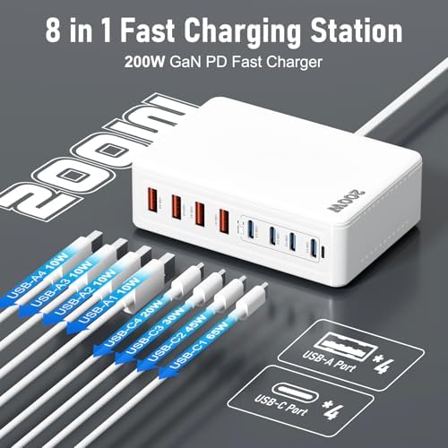 Advanced 200 W Ga N IV USB-C Fast Charging Station – 8-Port Multi-Device Power Hub for Laptops & Smartphones – PD 65 W Mac Book Pro/Air & DELL Charger – Compact, Portable & Efficient Charging Solution for i Phone 16/15/14 & Galaxy S25/24 – Ultimate Power Delivery & Enhanced Compatibility
