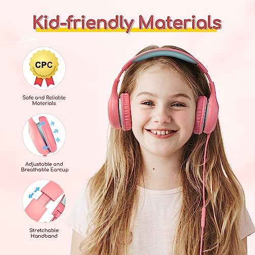 Kid-Friendly Foldable Wired Headphones with Microphone – Volume Limiting Safety (85/94 d B) for Hearing Protection, Share Port for Collaborative Audio, Ideal for Tablets, PCs, and School Use – Enhanced Type C Compatibility for Optimal Sound Quality and Comfort