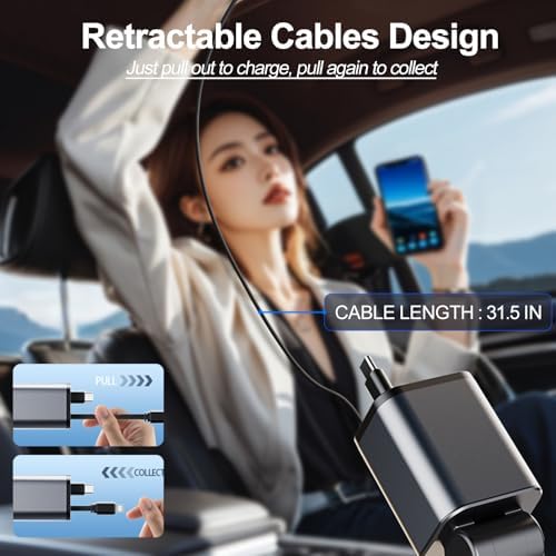 Tesla Model Y, 3, X, S Retractable 4-in-1 Fast Phone Charger – 69 W Adapter with 2.6 ft Cable, 180° Adjustable Design, Real-Time Voltage Display, Enhanced Compatibility for 2025-2017 Models – Ideal Tesla Accessories for Effortless Charging on the Go