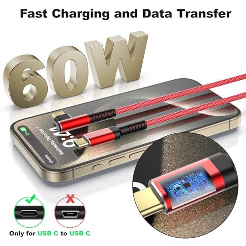 Maximize Your Charging Efficiency with 3-Pack 10 FT 60 W USB C to USB C Cables – Durable Braided Design, Ergonomic Right Angle Connector for Seamless Use with i Phone 16/15 Pro Max Plus, Galaxy S25/S24, i Pad Pro/Air, Mac Book Pro/Air – Ideal for Home, Office, and Travel Convenience