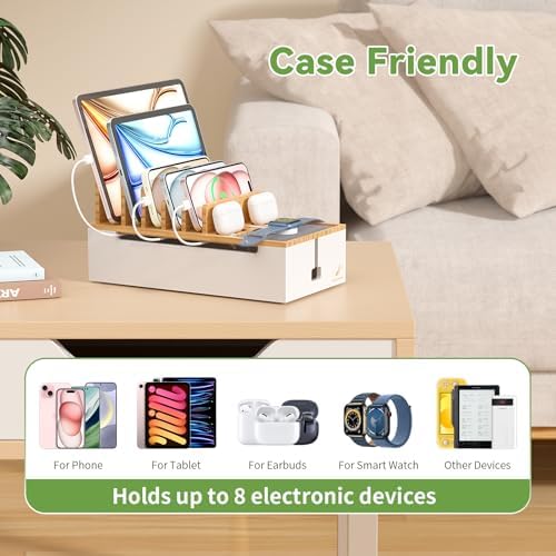Pezin & Hulin Eco-Friendly Bamboo Cable Management Box – Sleek Desktop Organizer with 6 Cables for Tidy Charging Station, Stylish Wire Organizer for Electronic Devices, Enhances Workspace Efficiency and Aesthetics