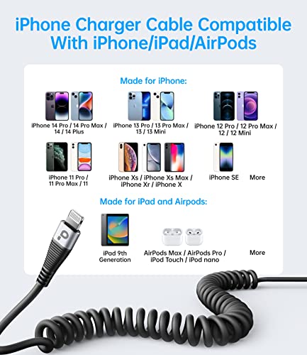Premium Coiled Lightning Charger Cable for Car – 2-Pack with 3 FT & 5 FT Lengths, MFi Certified Retractable Cord for i Phone 14/13/12/11 Pro Max/XS MAX/XR/XS/8, i Pad & i Pod – Fast Charging & Enhanced Compatibility for Effortless Power on the Road