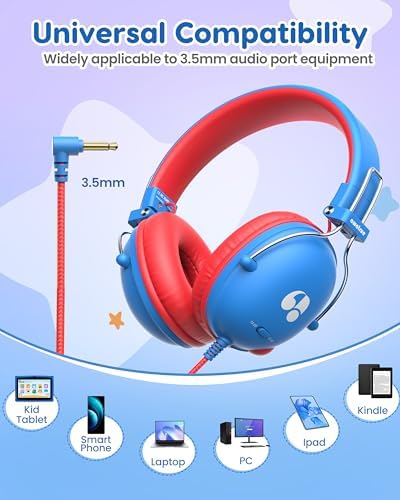 Safeguard Your Child’s Hearing with Durable Wired Headphones Featuring Volume Limiting Technology – Comfortable On-Ear Fit for Extended Use in School, Travel, and Entertainment – Enhanced Stereo Sound with 3.5 mm Compatibility – Available in Eye-Catching Blue and Red for Boys and Girls