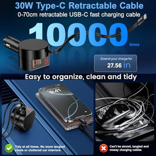 Dual-Port Retractable Car Charger Bundle – 3-in-1 Fast Charging Solution for i Phone 16/15 Pro Max, Samsung Galaxy, i Pad, and Pixel – Tangle-Free USB-C and USB-A Adapter for Ultimate Convenience on the Road