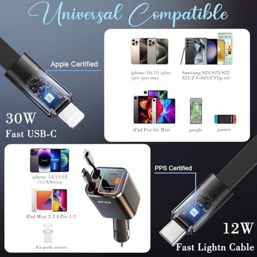 Revolutionary 2025 Micro-Version 4-in-1 Retractable Car Charger – 69 W Fast Charging USB C Adapter for i Phone 16/15/14/13, Samsung Galaxy, i Pad, Pixel – Ultimate Convenience with Tangle-Free Design and Enhanced Compatibility for All Your Devices