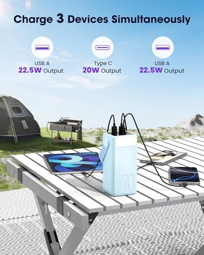 Ultra High-Capacity 70000 m Ah Power Bank – 22.5 W Fast Charging Portable Charger with LED Display & Built-In Flashlight – Ideal for Camping, Travel, and Emergency Use – Multiple Outputs for i Phone, Samsung, i Pad, and More – Stay Connected Anywhere with Long-Lasting Power Solution – Lightweight Design with Convenient Carry Strap and Real-Time Power Monitor – Comprehensive Safety Features Including Overcharge and Short Circuit Protection – Perfect for Outdoor Adventures and Unexpected Power Outages – Includes USB-C Charging Cable and 2-Year Customer Support for Peace of Mind