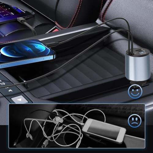 Ultimate 5-in-1 Retractable Car Charger – Fast Charging Dual-Socket Adapter with USB-A & USB-C Ports for i Phone 16/15, Galaxy, i Pad, GPS & Dash Cam – Tangle-Free Design for Multi-Device Power on the Go