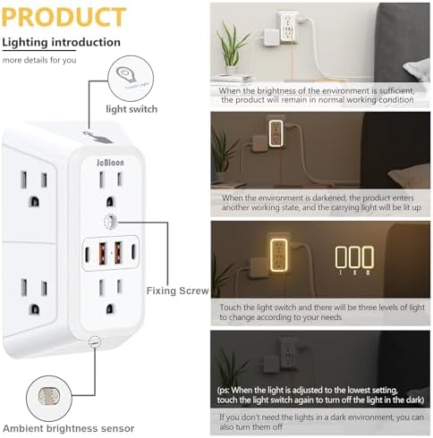 Enhanced 6-Outlet Wall Outlet Extender with Night Light & 4 USB Charging Ports – 1050 J Surge Protector for Home, Office, and Travel – Versatile Power Plug Adapter for Multiple Devices with Space-Saving Design