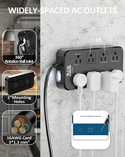 Weatherproof Outdoor Power Strip with 8 Wide Outlets & 3 USB Charging Ports – 6 FT Heavy-Duty Extension Cord, 1875 W Surge Protection, ETL Listed for Safe and Reliable Use in Any Weather – Perfect for Holiday Lights and Garden Tools