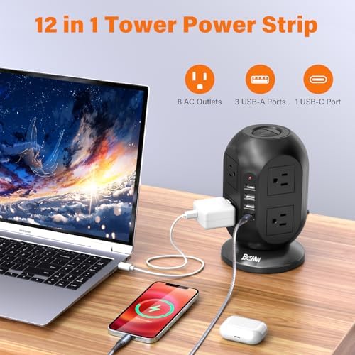 Ultimate Surge Protector Power Strip Tower: 8 AC Outlets, 4 USB Ports (Including 1 USB-C), 10 ft Flat Extension Cord – Versatile Charging Station for Home, Office or Dorm Use – Space-Saving Design with Advanced Surge Protection and Fast Charging Capabilities