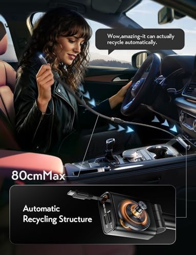 LISEN 57 W USB-C Retractable Car Charger – Ultra-Compact Fast Charging Solution for i Phone 16/15 Pro Max & Samsung Galaxy S25/24 – 75% Space-Saving Design with Enhanced Compatibility for All Android Devices – Tangle-Free Convenience for On-the-Go Power