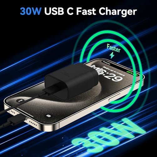 Auorld 30 W USB-C Fast Charger with 10 FT Cable – High-Performance Rapid Charging for i Phone 15/16, i Pad, Samsung Galaxy & Google Pixel – Stylish Purple Design for Maximum Flexibility and Compatibility on the Go