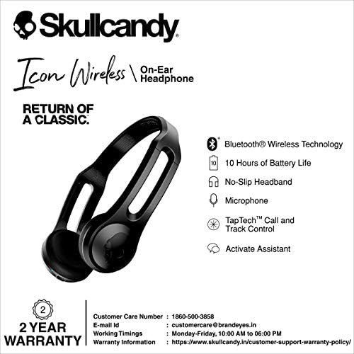 Skullcandy Icon Wireless On-Ear Headphones in Sleek Black – Lightweight, Bluetooth-Enabled Comfort for Active Lifestyles with 12-Hour Battery Life, Superior Sound Quality & Built-In Mic for Hands-Free Calling – Perfect for Sports, Travel, and Everyday Use
