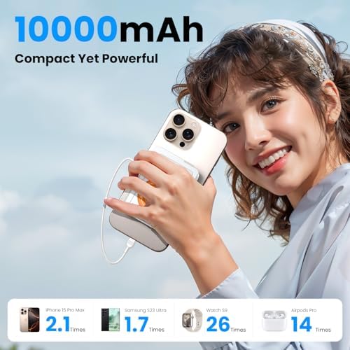 Magnetic 5-in-1 Power Bank with Built-in AC Plug – 10,000 m Ah Mag Safe Battery Pack for i Phone 16/15/14/13/12 Mini, Apple Watch & Air Pods – 22.5 W Fast Wired & 15 W Wireless Charging with 360° Rotating Stand – Effortless Convenience & Advanced Safety Features for On-the-Go Users