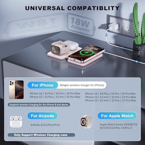 Elevate Your Charging Game with the Ultimate 3-in-1 Wireless Charger – Fast Magnetic Charging Station for i Phone 16, Compatible with i Phone 15, 14, 13, 12 Pro Max, Air Pods 4/3/Pro & Apple Watch – Perfect for Travel & Daily Use, Streamlined Design for Effortless Organization and Enhanced Efficiency