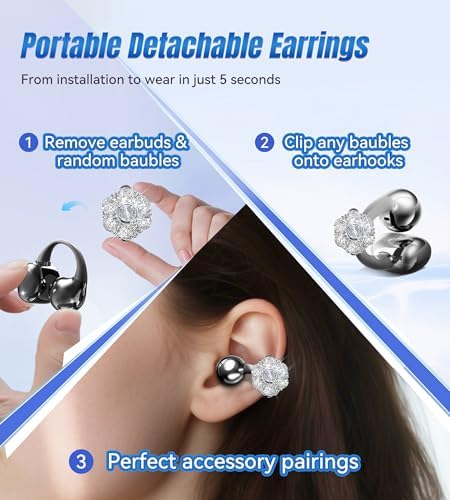 Chic Wireless Bluetooth 5.4 Earbuds with Fashionable Detachable Flower Earrings – Stylish Open Ear Headphones for Women, Waterproof IPX5 Rated, 50-Hour Playtime, Ideal for Festivals, Parties, and Unique Gift Giving (White)