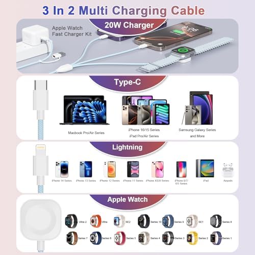 Universal 4-in-2 Travel Charging Cable – 6 FT Versatile Connector for Apple Watch, i Phone, Android Devices, i Pad & Air Pods – Stylish Pink Design for Effortless Portability – Fast Charging & Enhanced Compatibility for All Your Tech Needs – Essential Travel Accessory for Modern Device Users