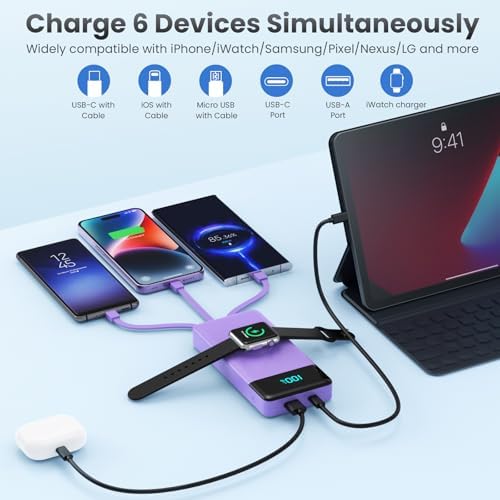 High-Capacity 10800 m Ah Portable Power Bank with Integrated Charging Cables & Wireless Apple Watch Dock – 25 W Quick Charge Solution for i Phone 16/15/14/13/12 & Android Devices – Sleek Pink Design for Effortless Travel – Enhanced Safety Features for Optimal Device Protection