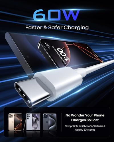 15 FT Premium USB C to USB C Fast Charging Cable – 60 W PD3.0 Compatible Charger for i Phone 16/15 Pro and Samsung S24/S25 – Extra Long TPE Design for Enhanced Durability and Flexibility – Ideal for i Pad Pro and More