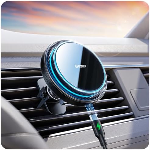 Enhance Your Driving Experience with the Beser 15 W Mag Safe Car Charger – Premium Magnetic Qi Wireless Mount for i Phone 15/14/13/12 Series, Rapid 15 W Charging, Robust 3.81 lbf Magnetic Grip, Elegant Aluminum Alloy Finish, Versatile Dashboard & Air Vent Compatibility, Effortless One-Handed Operation for Easy Navigation & Connectivity